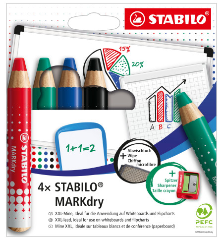 CRAYON WHITEBOARD STABILO MARKER DRY POCHETTE 4 ASS + TAILLE CRAYON