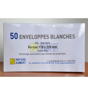 50 ENVELOPPES BLANCHES 110X220mm 80G AUTOADHESIVES