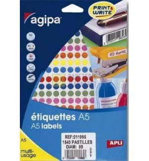 ETIQUETTES AUTOCOLLANTES DIAM 8mm COLORIS ASSORTIS - PAQUET DE 2058