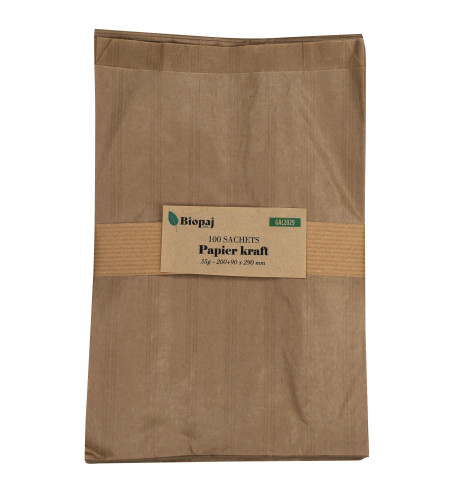 PAQUET 100 SACHETS KRAFT 35G 200+90X290mm