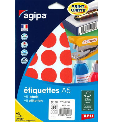 ETIQUETTES AUTOCOLLANTES DIAM 30mm ROUGES - PAQUET DE 240