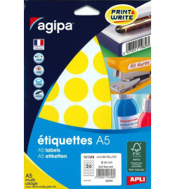 ETIQUETTES AUTOCOLLANTES DIAM 30mm JAUNES - PAQUET DE 240