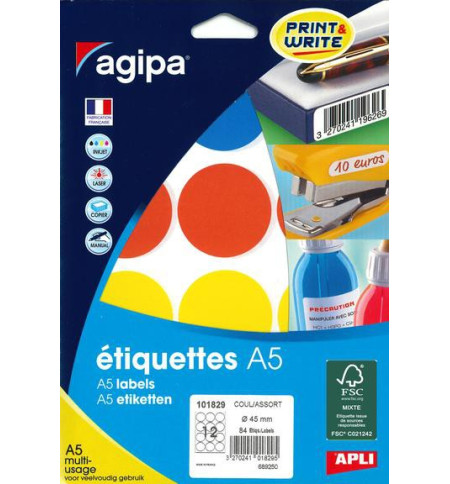 ETIQUETTES AUTOCOLLANTES DIAM 45mm COLORIS ASSORTIS - SACHET DE 84